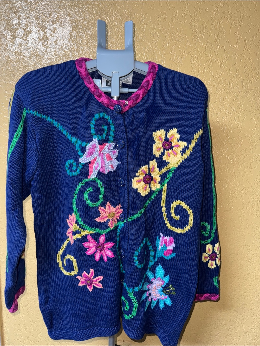 Storybook Knits Navy Floral Embroidered Cardigan with Multicolor Blooms